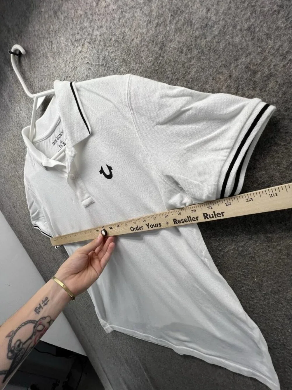 True Religion Polo Shirt Men Medium White Tipped Collar Logo Short Sleeve Casual